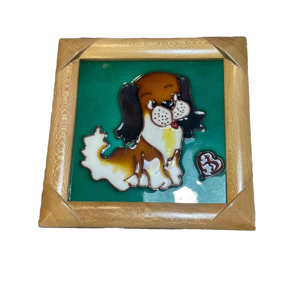 Vintage Enamel Tile Beagle Dog Some Crazing As Is